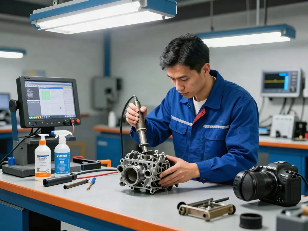 DPF Reinigung Hannover mit Mechaniker im Werkstattumfeld, der einen Dieselpartikelfilter inspiziert.