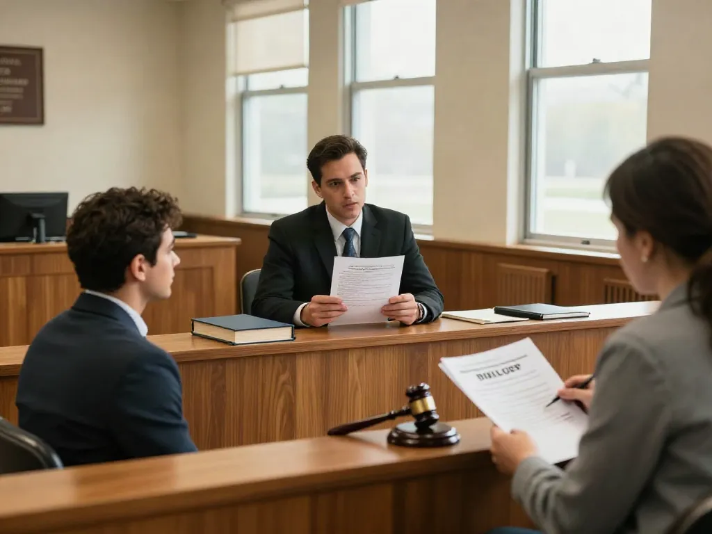 Courtroom scene highlighting a defense attorney and client discussing strategies in the Cherokee County DUI court, depicting legal seriousness and support.
