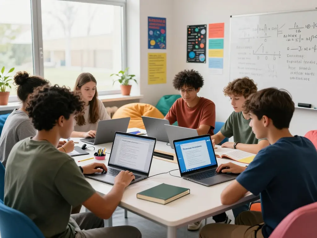 Studierende nutzen die Hausaufgaben KI kostenlos Hausaufgaben-App in einem kollaborativen Lernraum.