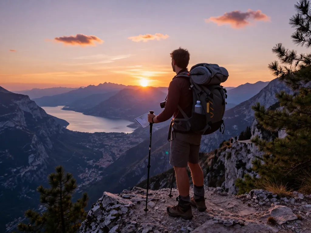 Beeindruckender Sonnenuntergang über dem Gardasee mit einem Reisenden, der während seines Urlaubs am Gardasee erkundet.