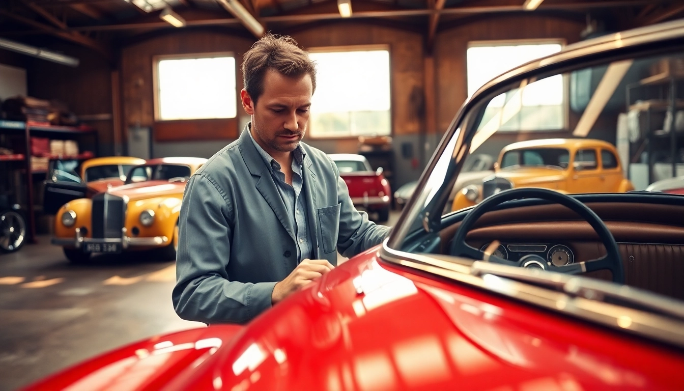 Efficient Oldtimer Gutachten process with a professional examining classic vehicles in a vintage workshop.