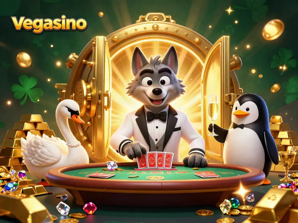 Experience vegasino excitement with a playful scene featuring a charming wolf, a graceful swan, and a classy penguin in a vibrant casino.