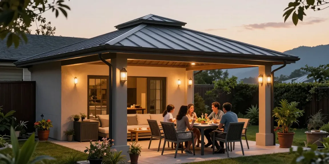 Moderne Terrassenüberdachung bei einem Familienessen im Garten.