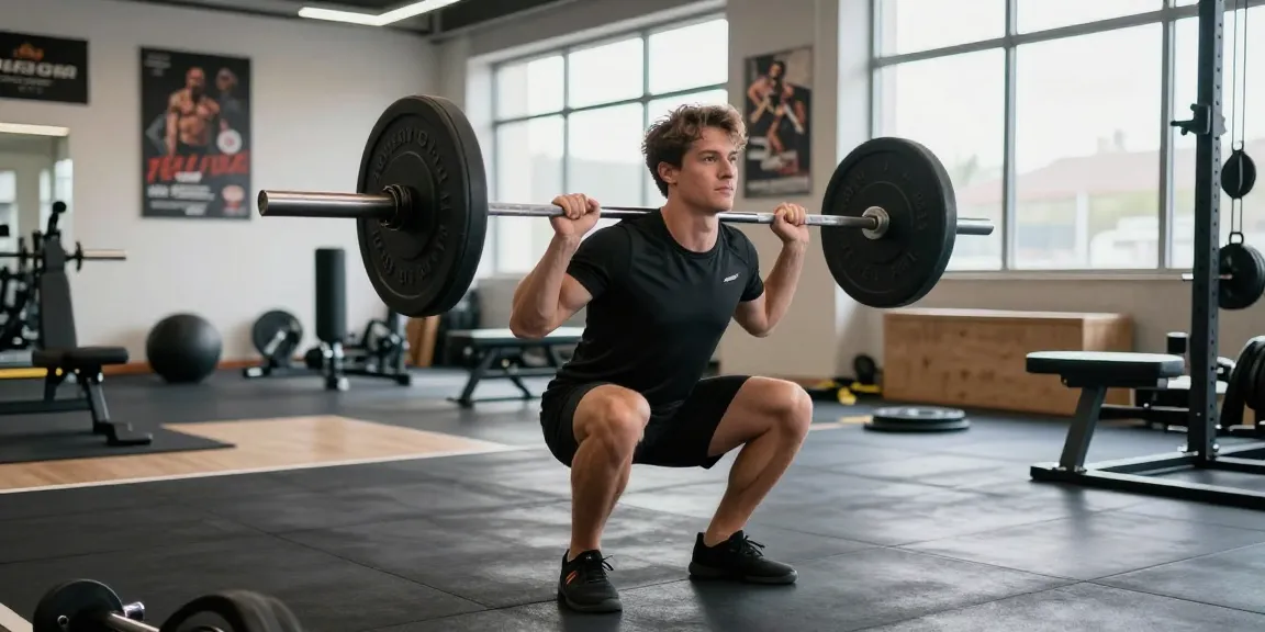 Sportler beim Barbell Squat im Fitnessstudio mit Global Pharma Steroids für effektiven Muskelaufbau.