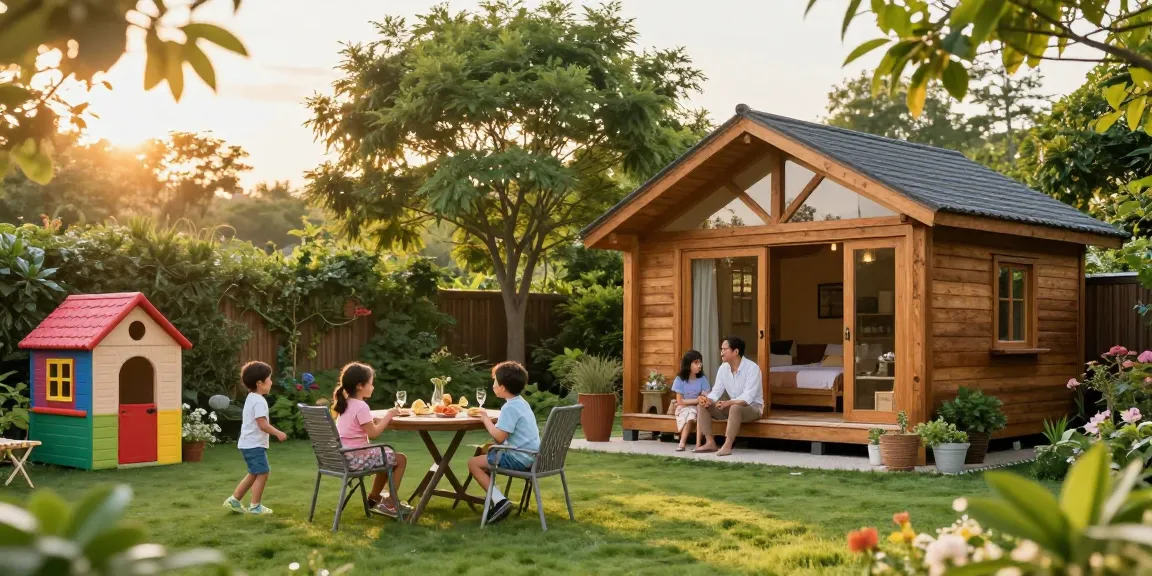 Familie genießt ihr neues Gartenhaus im Sonnenuntergang, umgeben von einem schönen Garten.