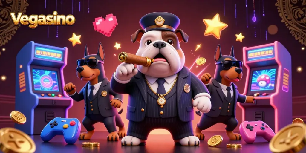 Engage with Vegasino's thrilling casino experience alongside a mafia bulldog boss and bodyguard Dobermans.
