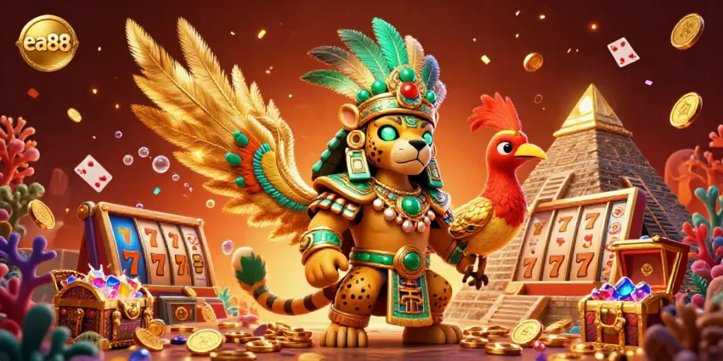 Experience thrilling casino excitement at ea88 with Mayan priest and treasures in vibrant atmosphere.