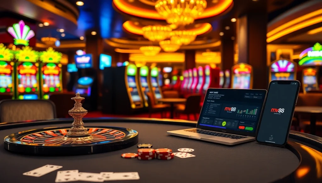 Experience thrilling gameplay with mv88 at a luxurious casino featuring poker tables and slot machines.
