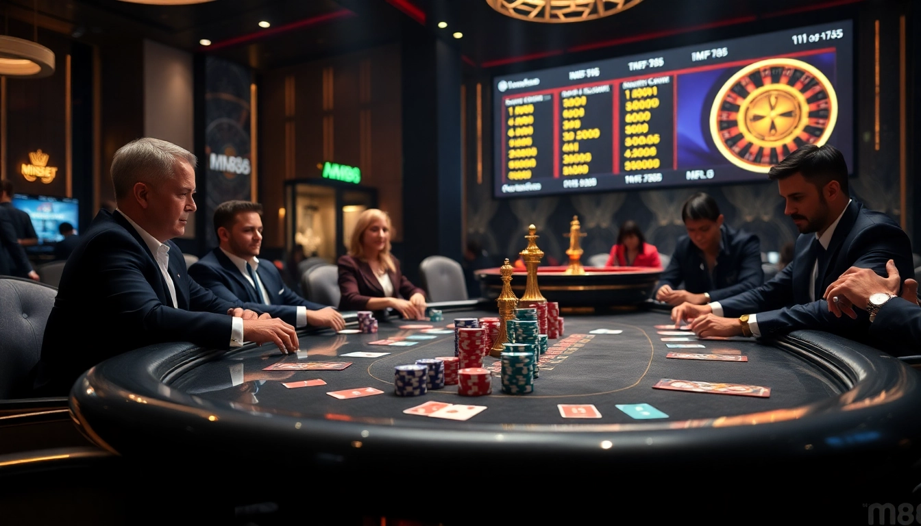 Experience high-stakes poker at MM88 casino with vibrant poker chips and elegant players.