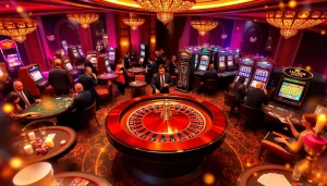Experience the thrill of LUCK8 COM at an elegant casino table filled with players and vibrant slot machines.