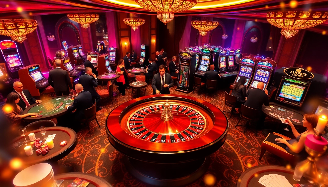 Experience the thrill of LUCK8 COM at an elegant casino table filled with players and vibrant slot machines.