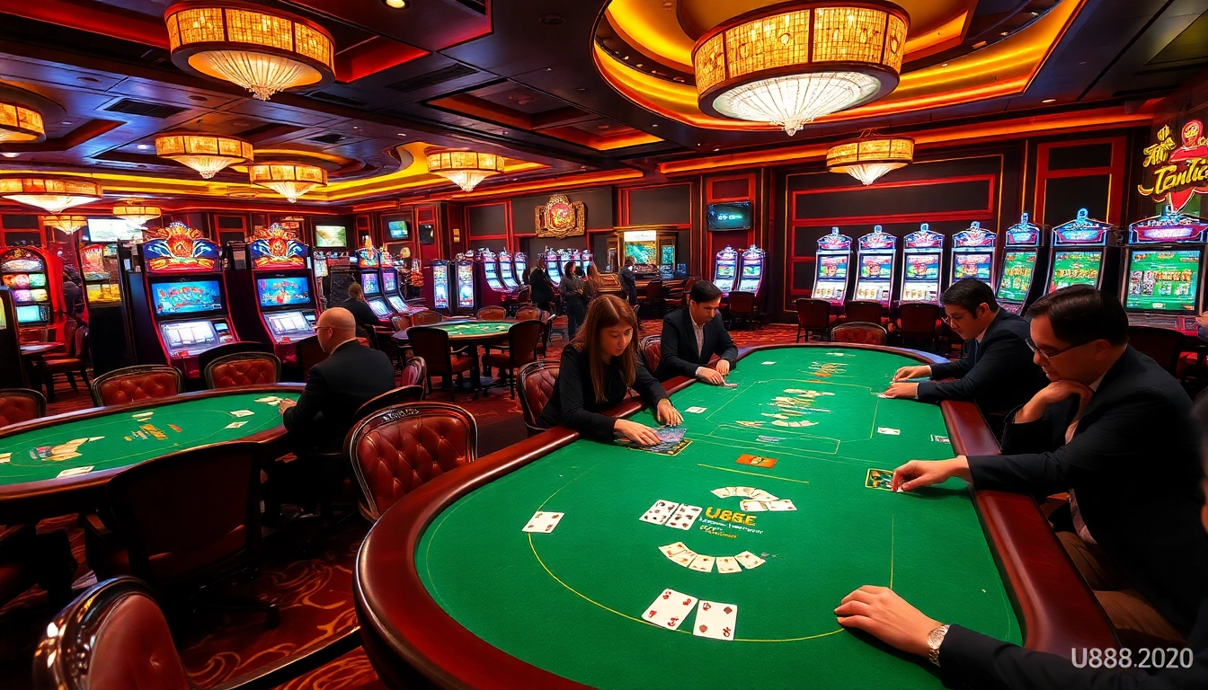 Engage in thrilling U888 casino games with luxurious tables, chips, and vibrant slot machines.