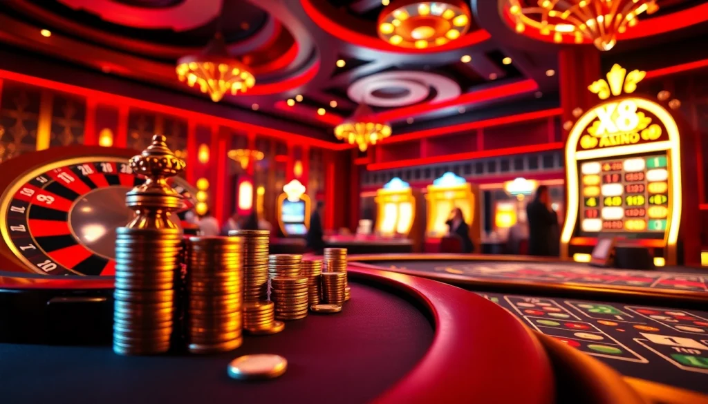 Experience the thrill of Nhà cái X88 with an exciting casino environment showcasing roulette wheels, slot machines, and poker chips.