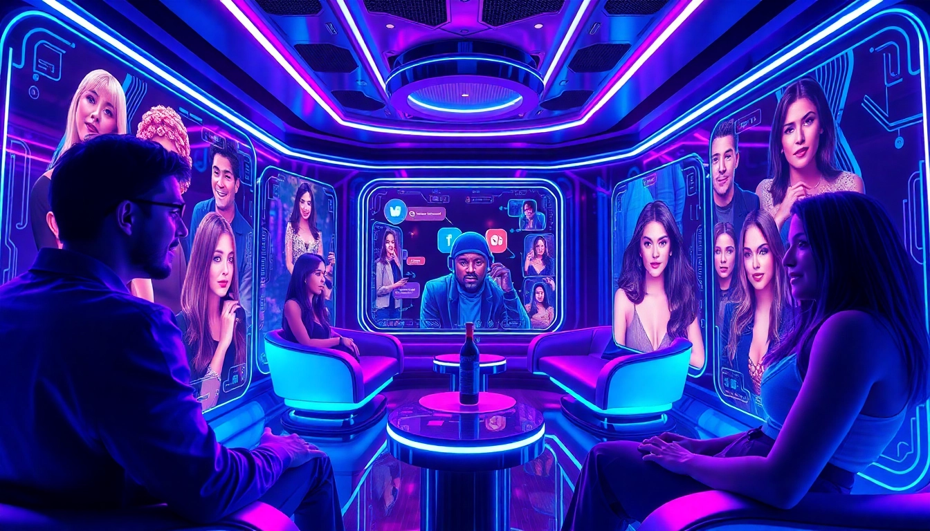 Engaging characters in a vibrant AI porn chat interface showcasing neon colors and high-tech design.