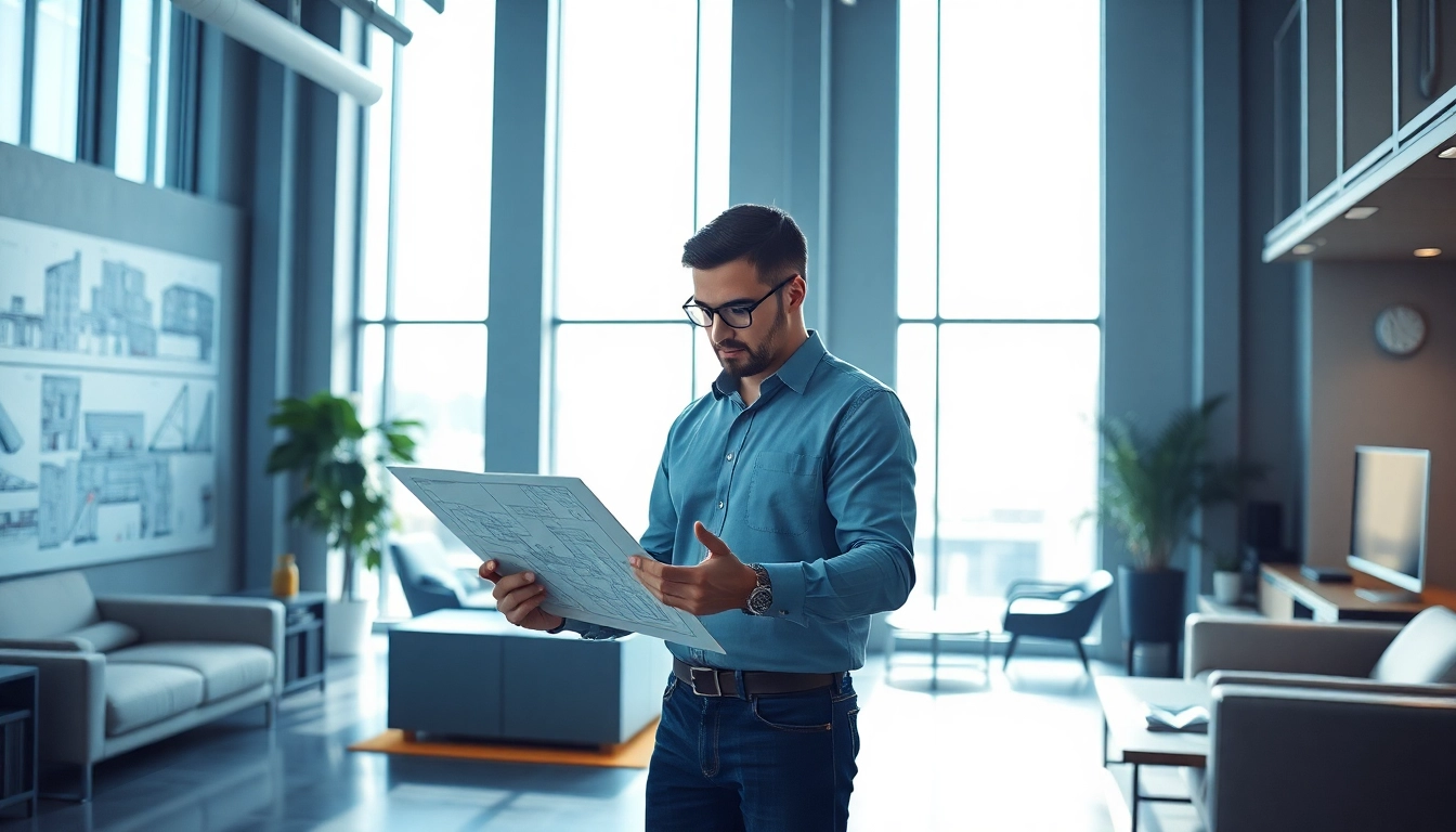 Headhunter Ingenieure analysiert moderne Technologie und Baupläne in einem lichtdurchfluteten Büro.