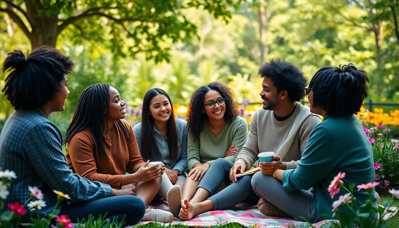 People sharing thoughts on mental health awareness in a peaceful park environment.