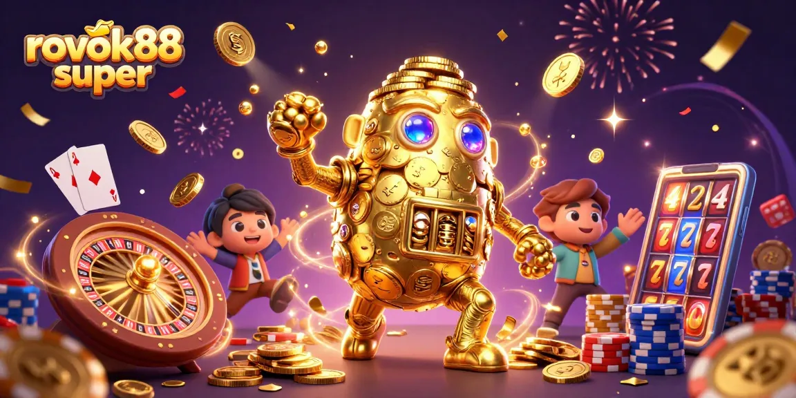 Spin the reels with rokok88 super, featuring vibrant golem and gold coins in a magical casino scene.